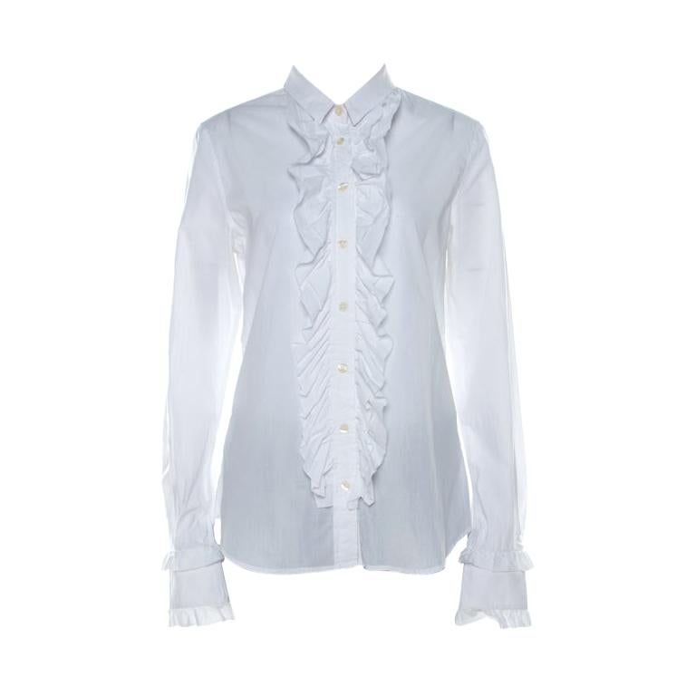 Dolce & Gabbana White Cotton Poplin Ruffled Detail Button Front Shirt M