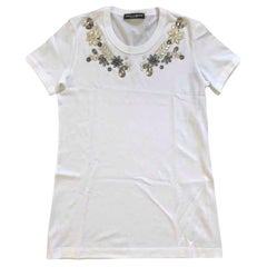 Dolce & Gabbana White Cotton T-shirt Top With Crystals Flowers Floral DG