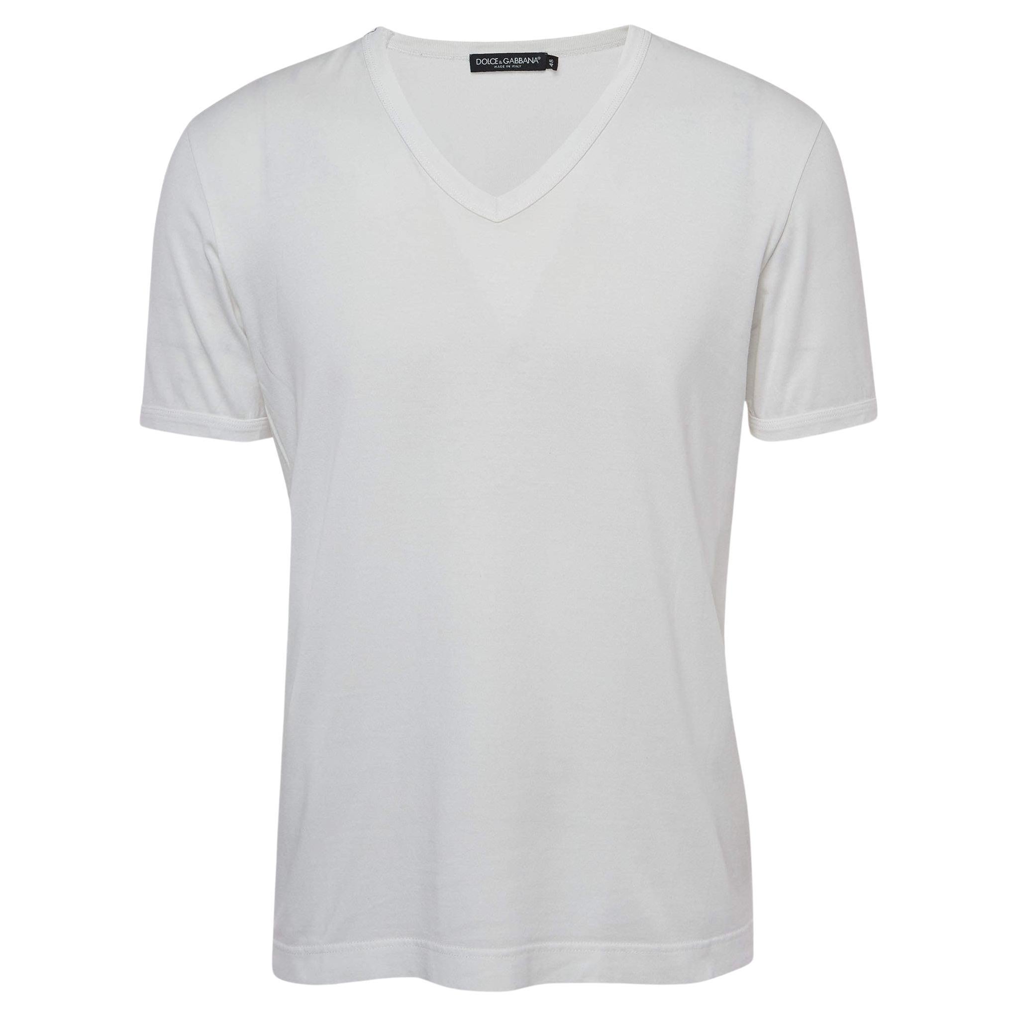 Dolce & Gabbana White Cotton V-Neck T-Shirt M For Sale