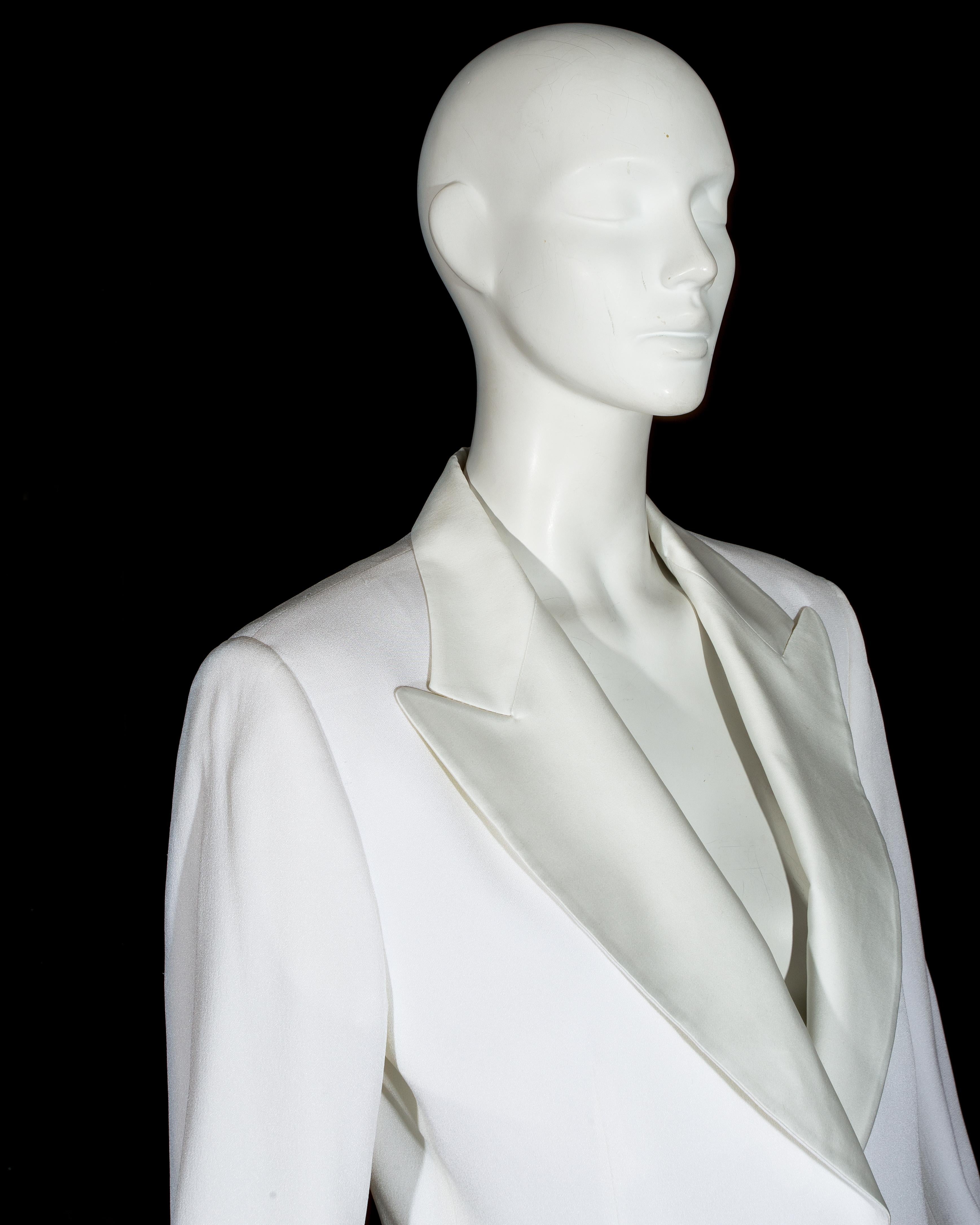 Gray Dolce & Gabbana white crepe and satin Bianca Jagger pant suit, ss 1995 For Sale