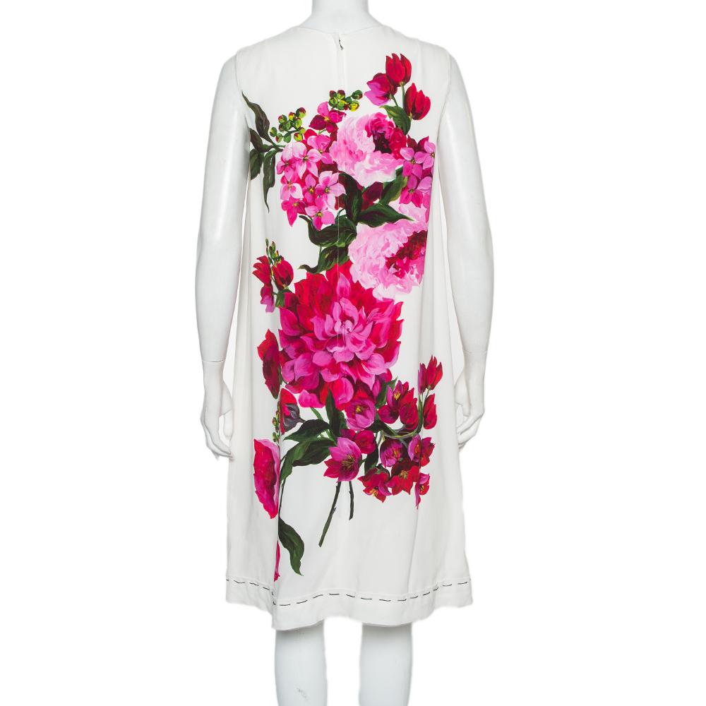 Gray Dolce & Gabbana White Crepe Peony Printed Shift Dress M