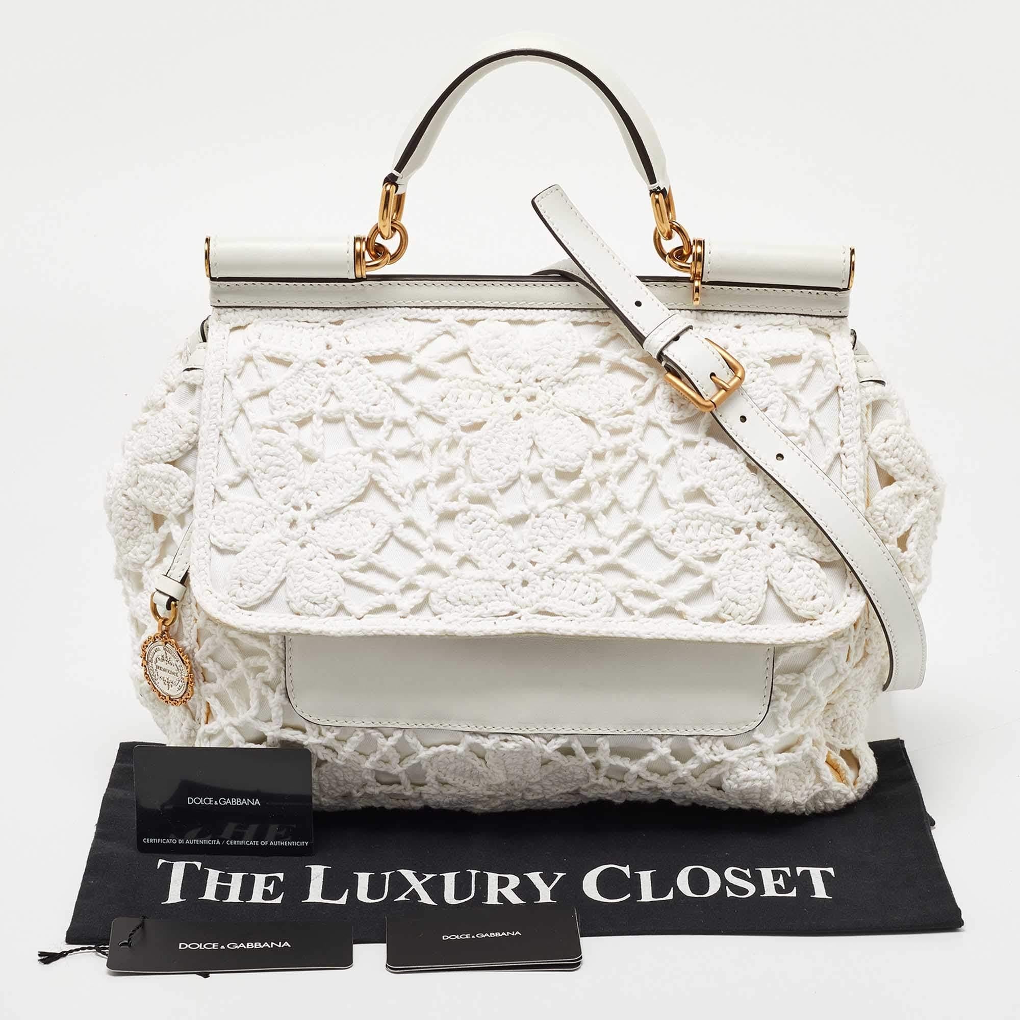 Dolce & Gabbana Borsa grande Miss Sicily in pelle e uncinetto bianca con manico superiore 5