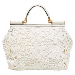 Dolce & Gabbana White Crochet and Leather Large Miss Sicily Top Handle Bag
