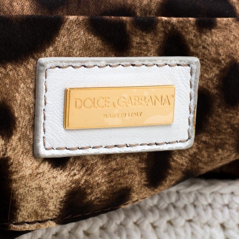 Dolce & Gabbana White Crochet Fabric Miss Charles Shoulder Bag In Good Condition In Dubai, Al Qouz 2