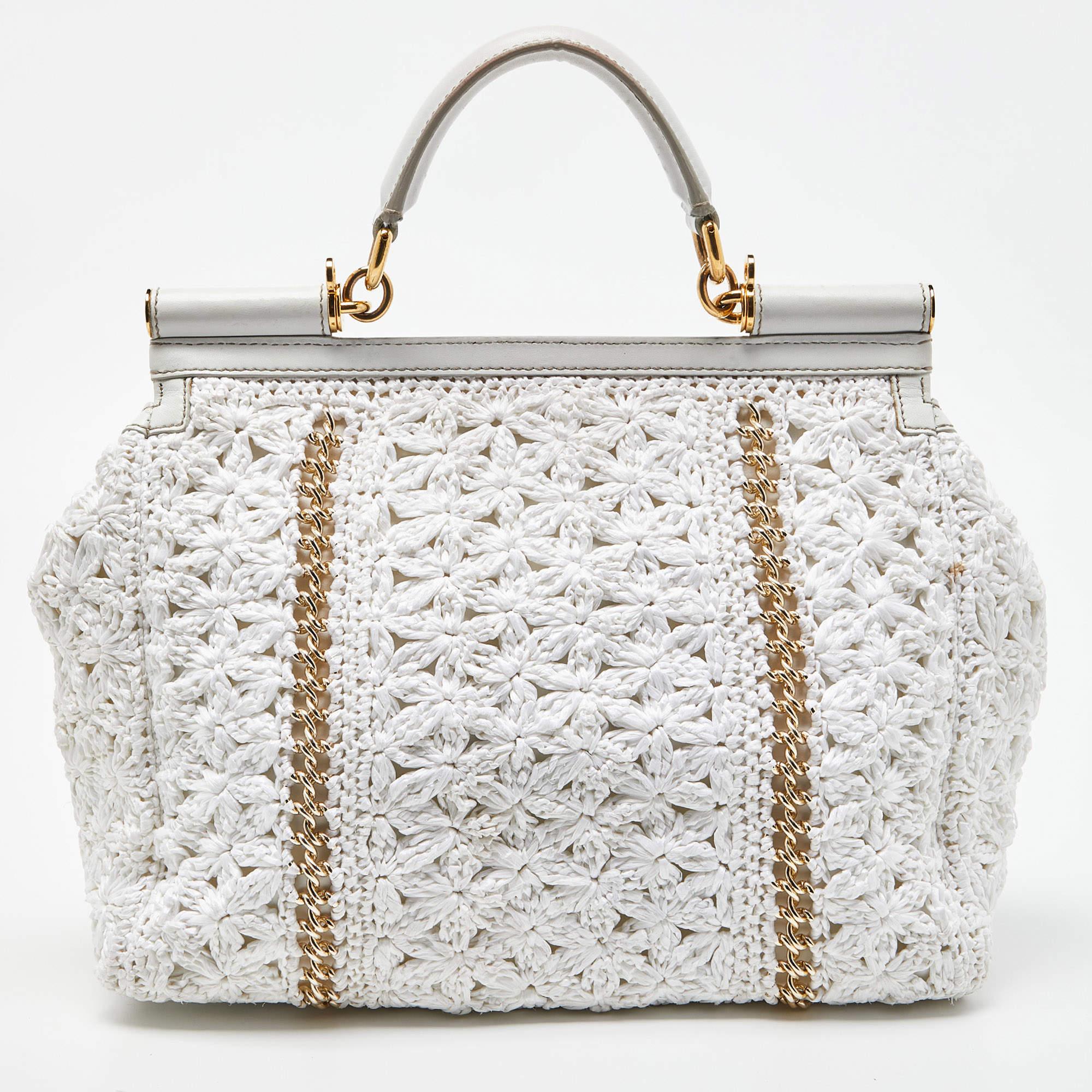 Gray Dolce & Gabbana White Crochet Raffia Leather Large Miss Sicily Top Handle Bag