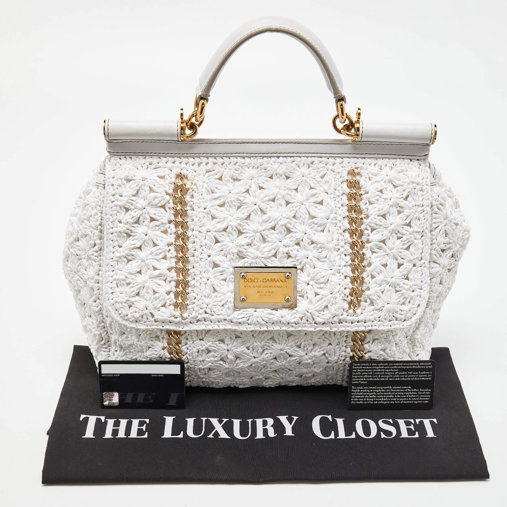 Dolce & Gabbana White Crochet Raffia Leather Large Miss Sicily Top Handle Bag 2