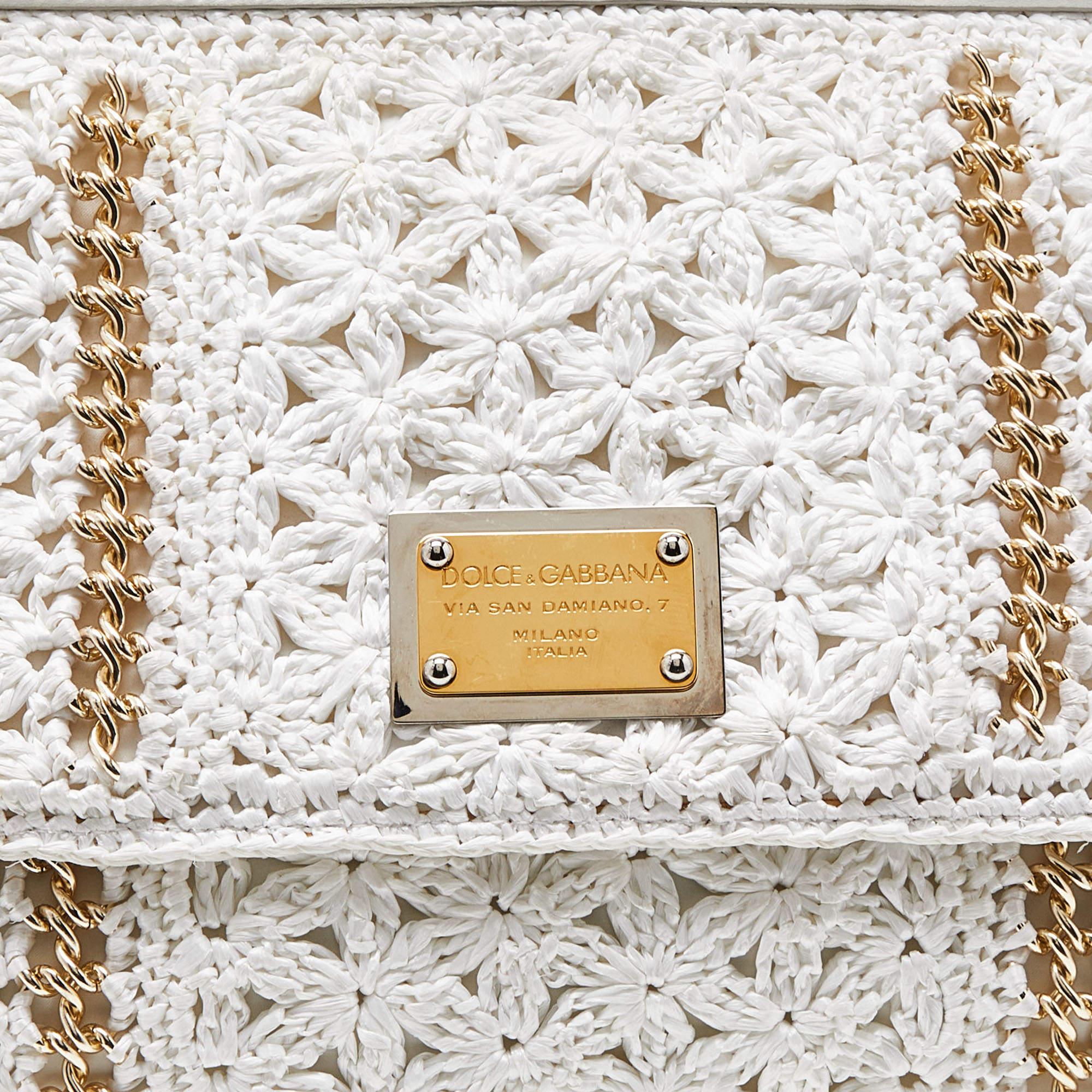 Dolce & Gabbana White Crochet Raffia Leather Large Miss Sicily Top Handle Bag 3