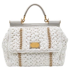 Dolce & Gabbana White Crochet Raffia Leather Large Miss Sicily Top Handle Bag