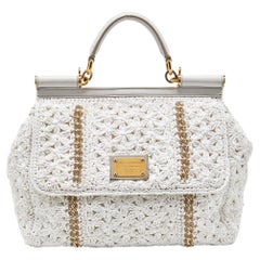 Dolce & Gabbana Borsa a manico alto Miss Sicily in pelle e rafia all'uncinetto bianca