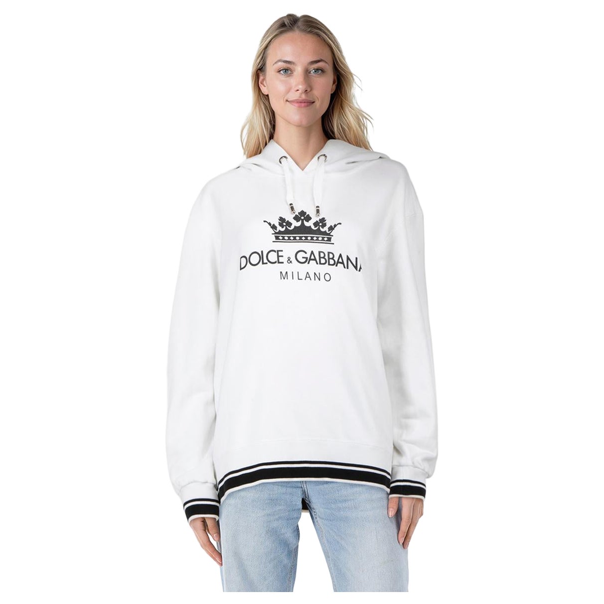 Dolce 
Gabbana - Sweat à capuche en jersey blanc avec logo Crown - Taille XXS en vente