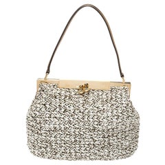 Dolce & Gabbana White/Dark Gold Raffia and Leather Sara Satchel