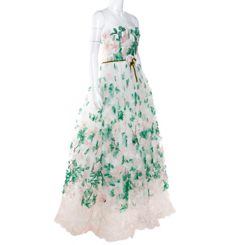 Gris Dolce & Gabbana White Floral Applique Tulle Strapless Gown M