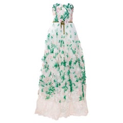 Dolce & Gabbana White Floral Applique Tulle Strapless Gown M