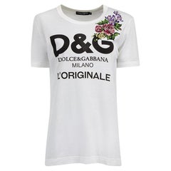 Dolce 
Gabbana White Floral Embroidered Logo Print T-Shirt Size XS