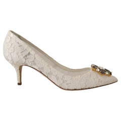 Dolce & Gabbana White Floral Lace Leather Pointy Pumps Shoes Heels With Crystals