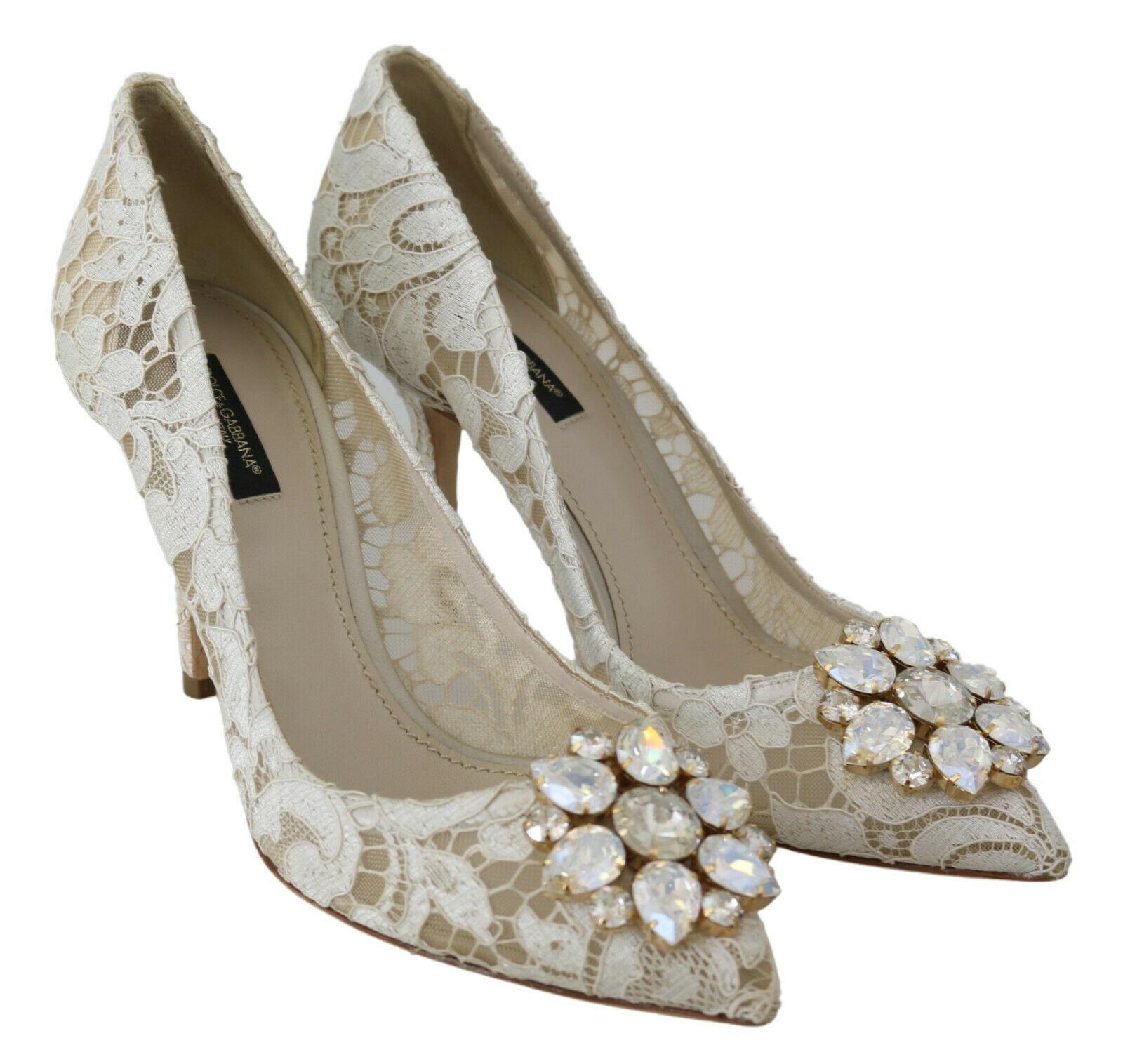 Women's Dolce & Gabbana White Floral Lace Pointy Pumps Shoes Heels With Jewels Crystals