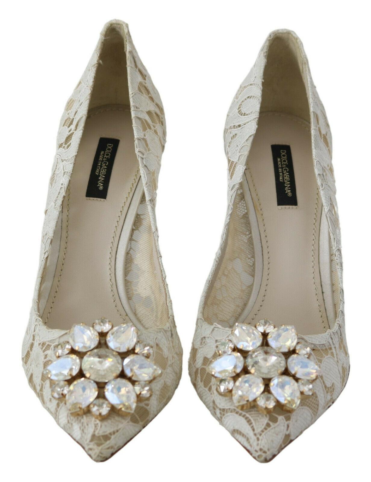 Dolce & Gabbana White Floral Lace Pointy Pumps Shoes Heels With Jewels Crystals 1