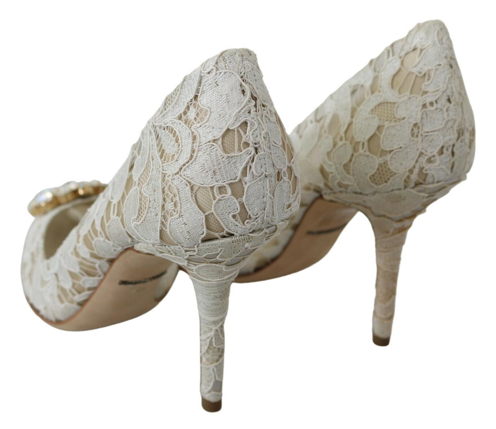 Dolce & Gabbana White Floral Lace Pointy Pumps Shoes Heels With Jewels Crystals 2