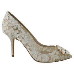 Dolce & Gabbana White Floral Lace Pointy Pumps Shoes Heels With Jewels Crystals