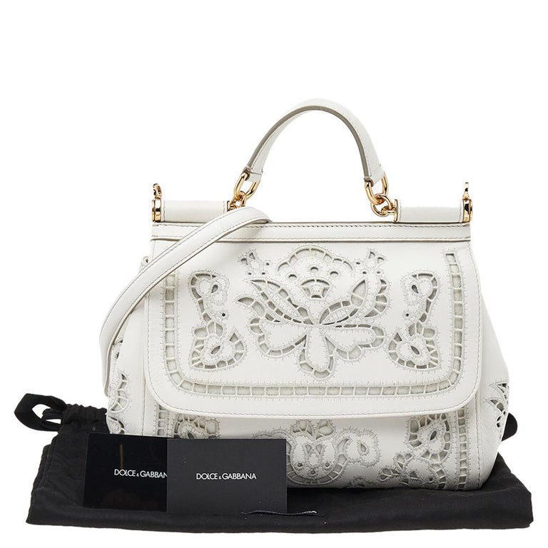 Dolce and Gabbana White Floral Leather Miss Sicily Top Handle Bag at 1stDibs