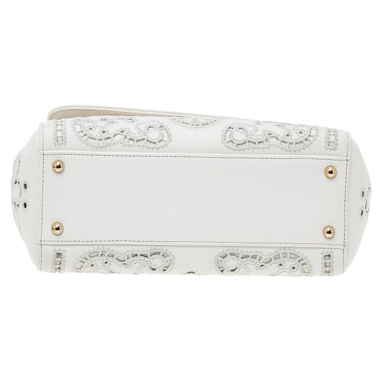 Dolce and Gabbana White Floral Leather Miss Sicily Top Handle Bag