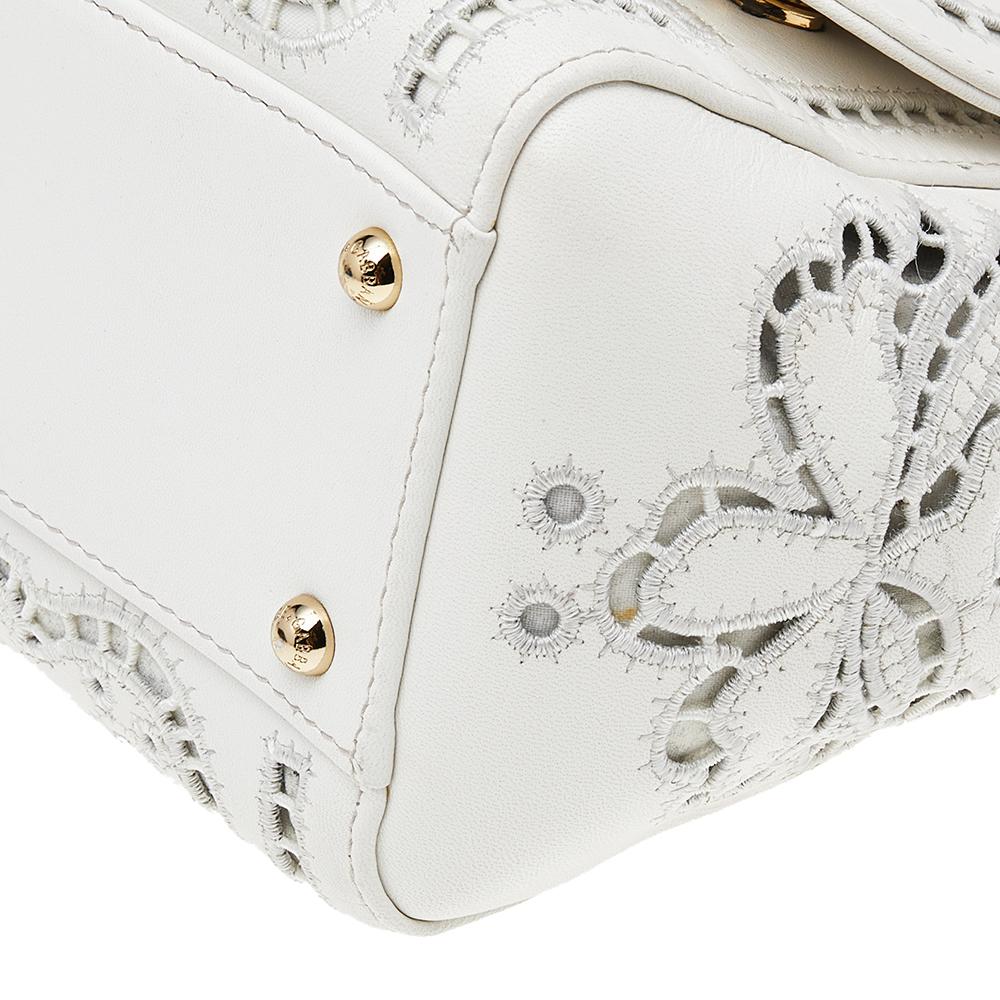 Gray Dolce & Gabbana White Floral Leather Miss Sicily Top Handle Bag