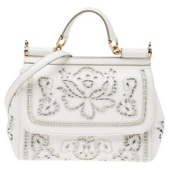 Dolce & Gabbana White Floral Leather Miss Sicily Top Handle Bag