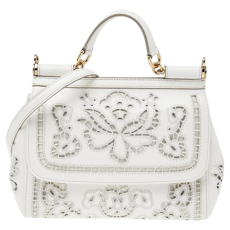Dolce and Gabbana White Floral Leather Miss Sicily Top Handle Bag For ...