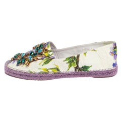 Dolce & Gabbana White Floral Print Canvas Embellished Espadrille Flats Size 41