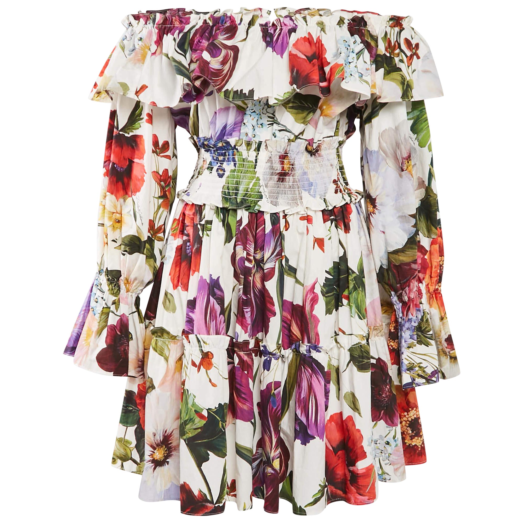 Dolce 
Gabbana White Floral Print Cotton Off-Shoulder Mini Dress L