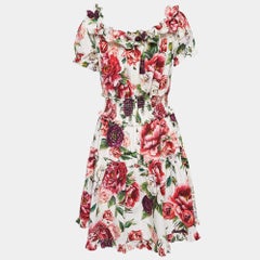 Dolce & Gabbana White Floral Print Cotton Ruffled Dress L