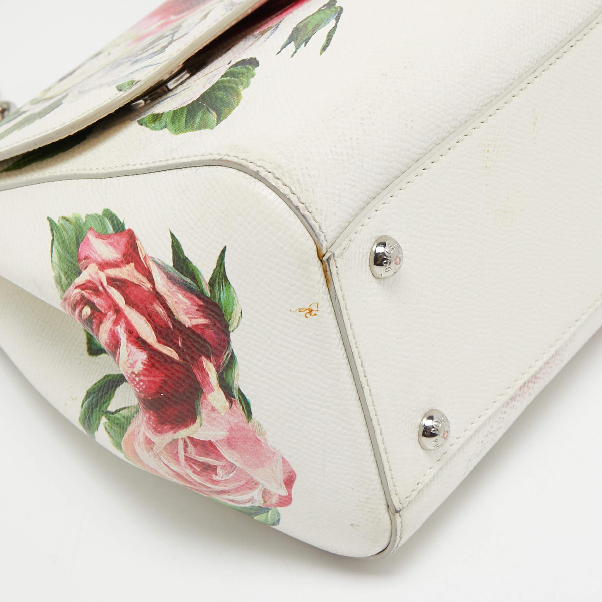 Dolce & Gabbana White Floral Print Leather Medium Miss Sicily Top Handle Bag 13