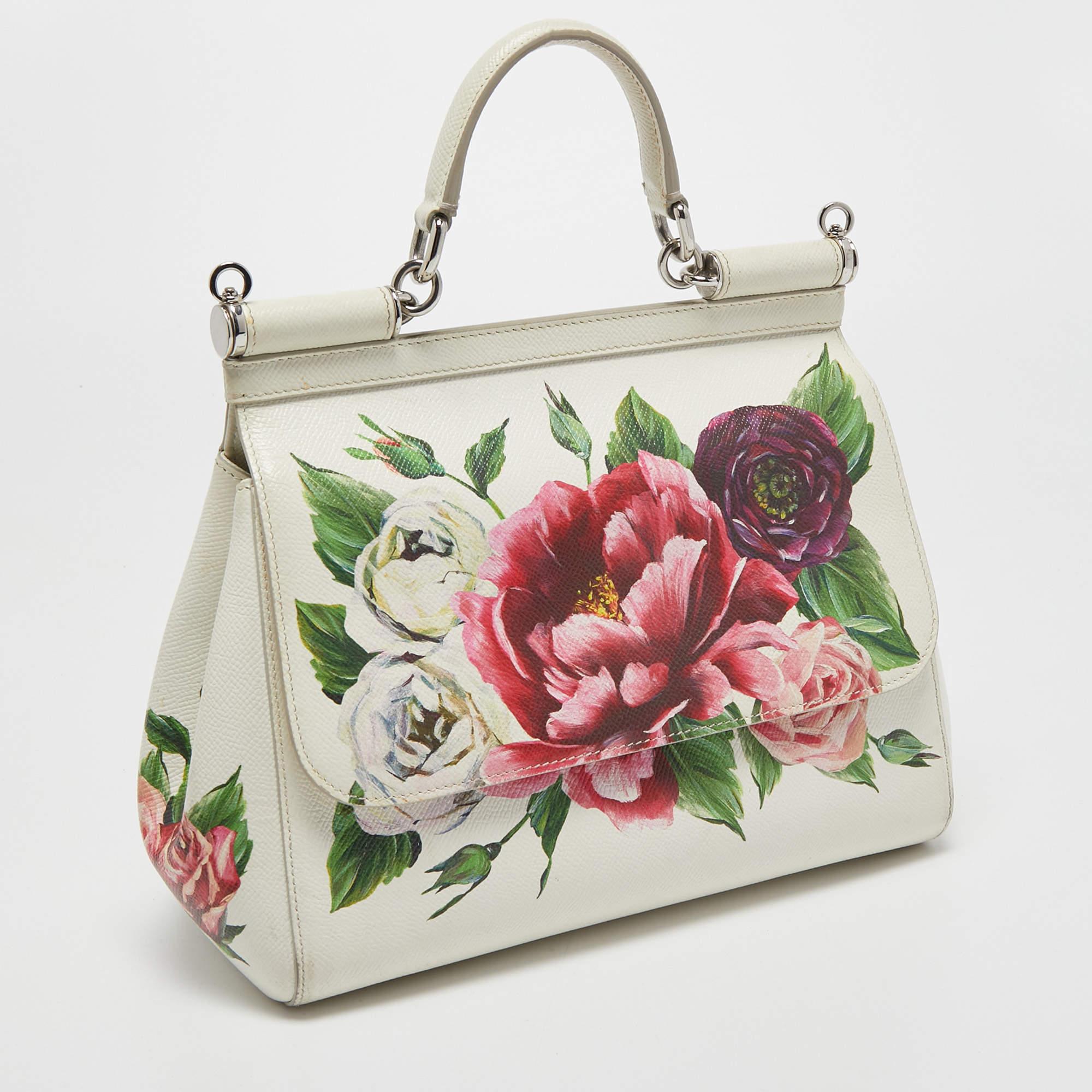Dolce & Gabbana White Floral Print Leather Medium Miss Sicily Top Handle Bag In Good Condition In Dubai, Al Qouz 2