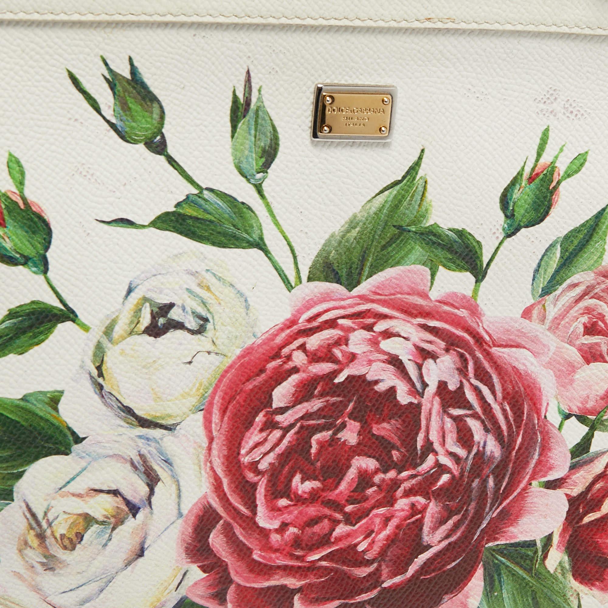 Dolce & Gabbana White Floral Print Leather Medium Miss Sicily Top Handle Bag 1