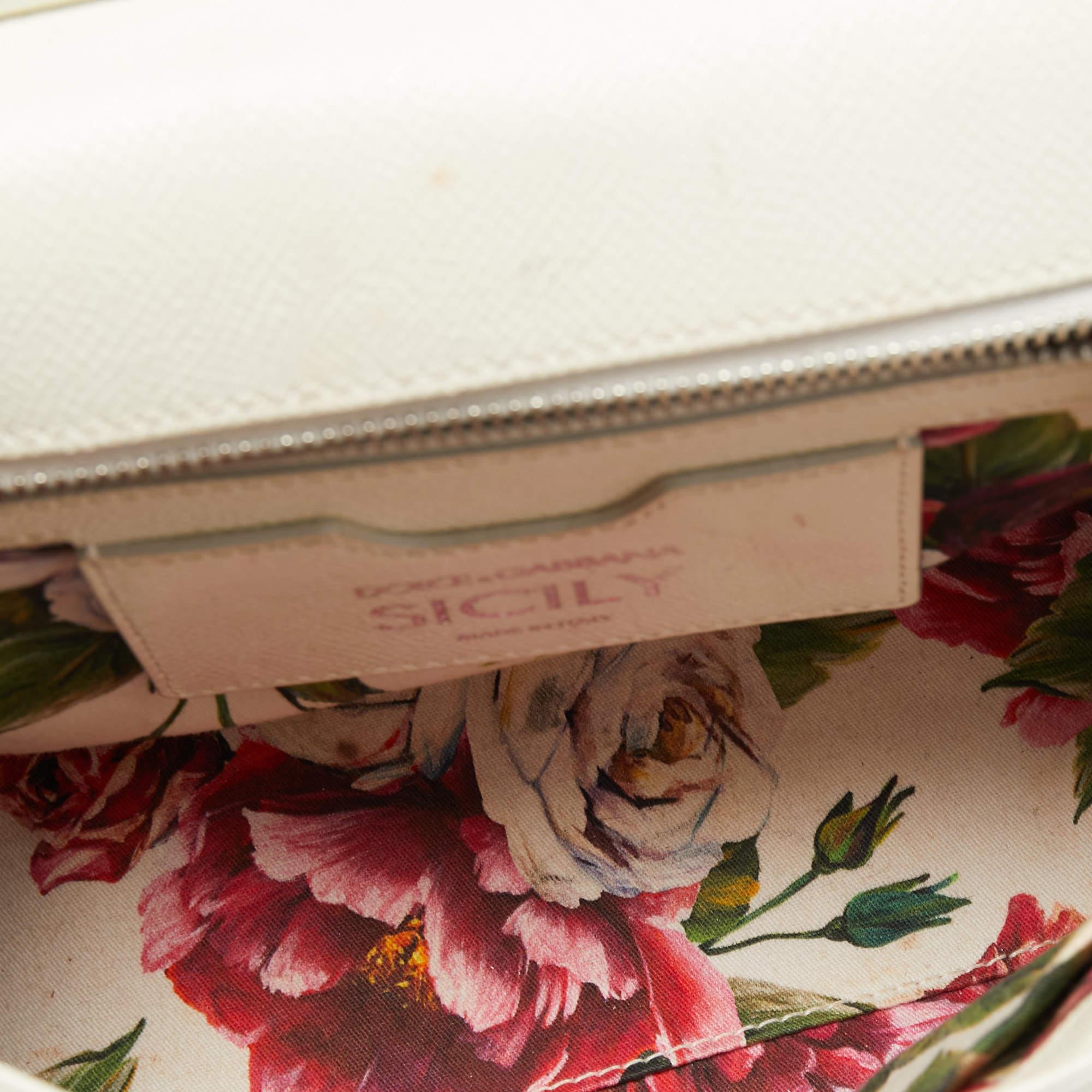 Dolce & Gabbana White Floral Print Leather Medium Miss Sicily Top Handle Bag 3