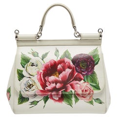 Dolce & Gabbana White Floral Print Leather Medium Miss Sicily Top Handle Bag