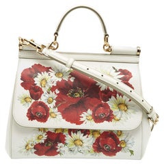 Dolce & Gabbana White Floral Print Leather Medium Miss Sicily Top Handle Bag