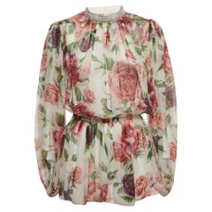Dolce & Gabbana White Floral Printed Silk Jeweled Blouse L