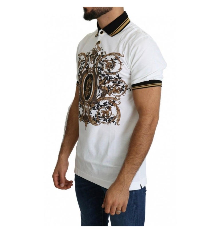 Dolce Gabbana white gold and black baroque printed cotton polo men t-shirt