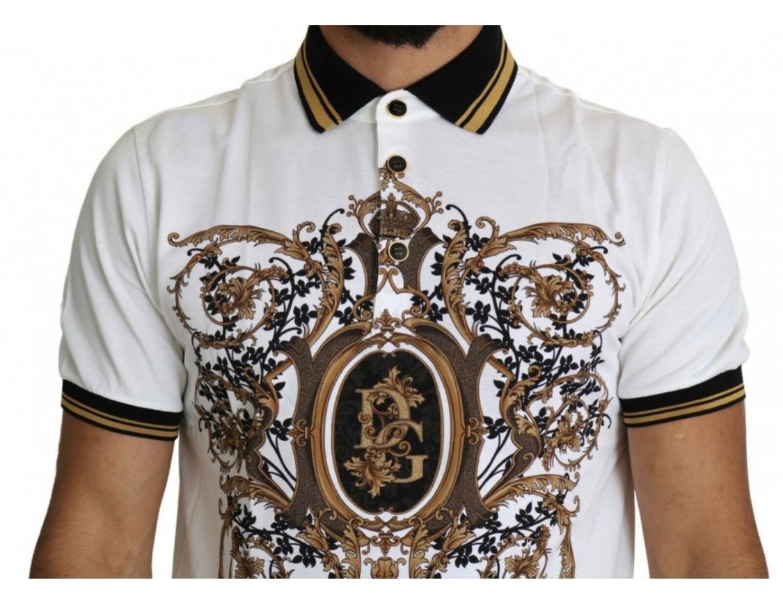 Dolce & Gabbana white gold and black baroque printed cotton polo men t-shirt  In New Condition In WELWYN, GB