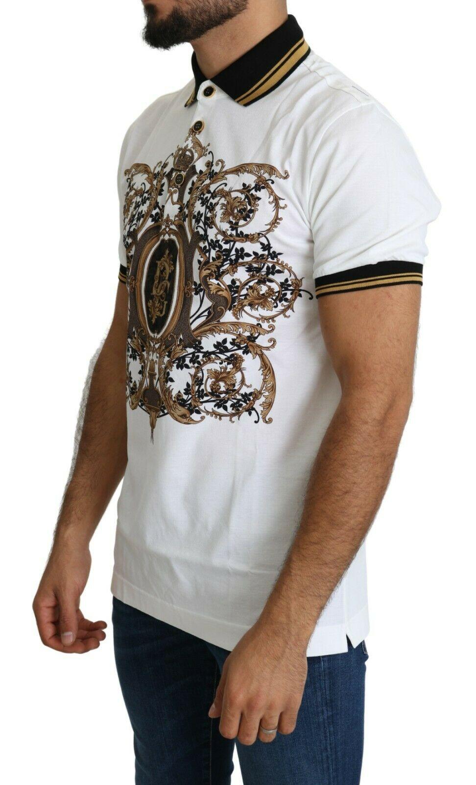 Camiseta de manga corta Dolce & Gabbana Blanco Oro Negro Polo de algodón con estampado barroco en Nuevo Estado en WELWYN, GB