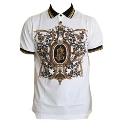 Dolce & Gabbana White Gold Black Cotton Baroque Print Polo Short Sleeve T-shirt