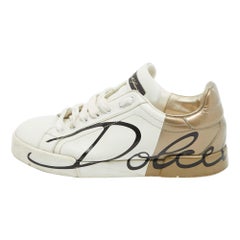 Dolce 
Gabbana White/Gold Leather and Patent Logo Print Sneakers Size 38.5