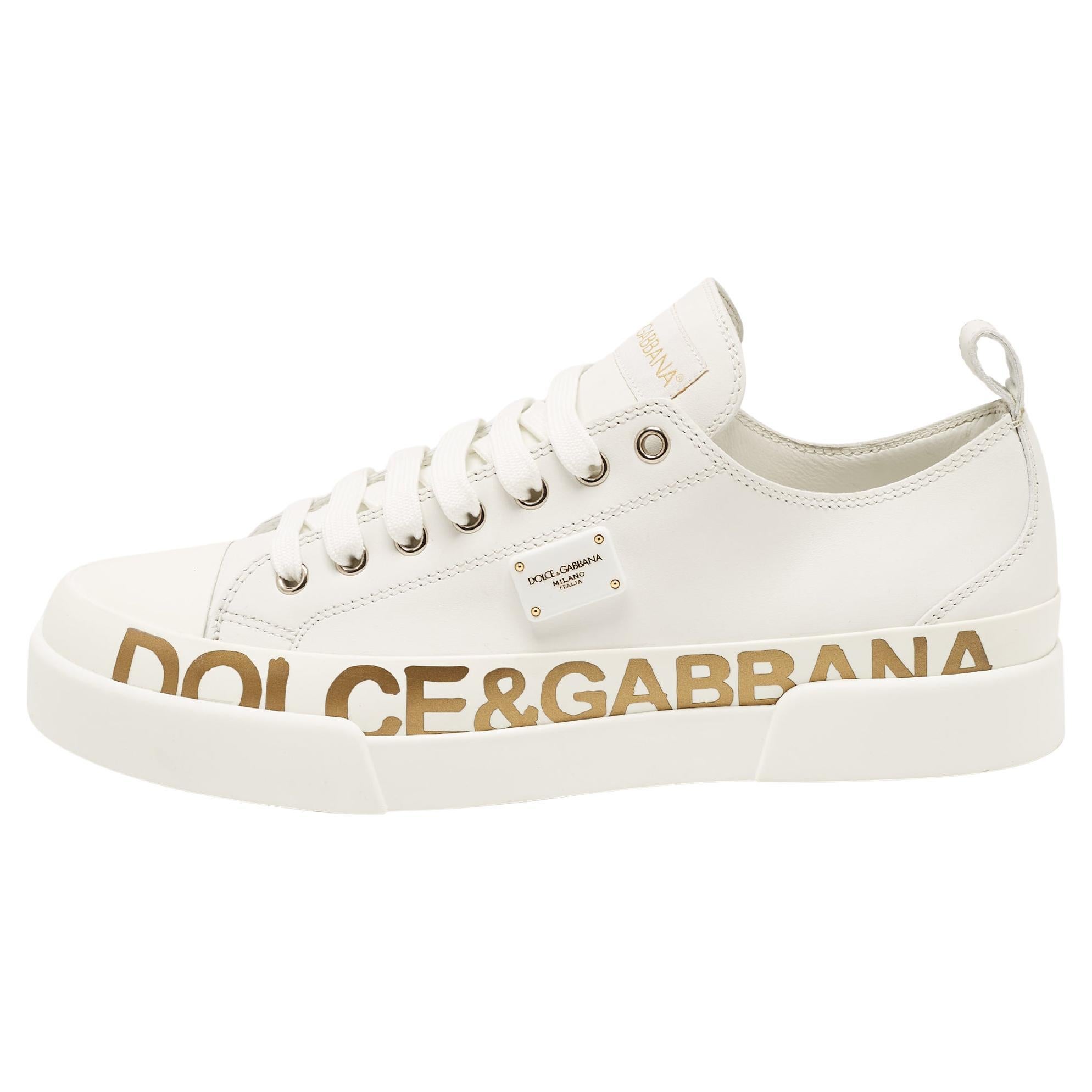 Dolce & Gabbana White/Gold Leather Portofino Sneakers Size 41