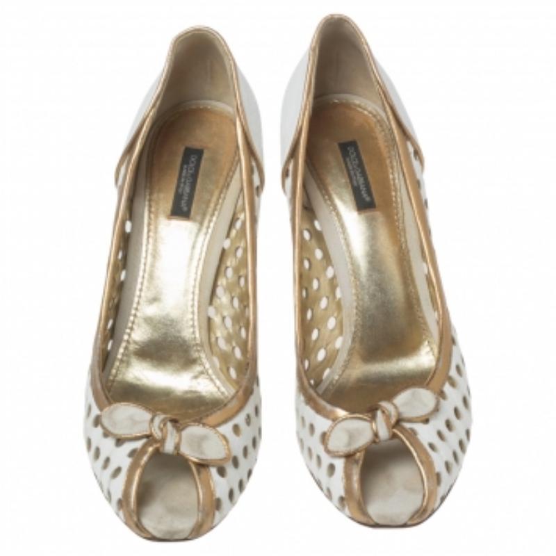 Beige Dolce & Gabbana White/Gold Perforated Leather Bow Detail Peep Toe Pumps Size 41 For Sale