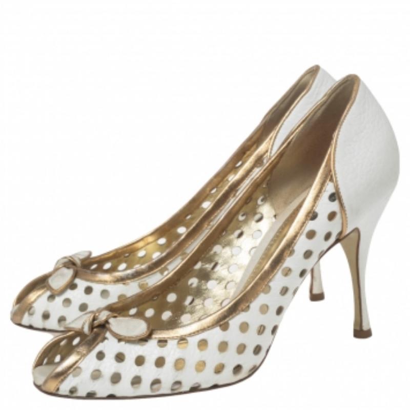 Dolce & Gabbana White/Gold Perforated Leather Bow Detail Peep Toe Pumps Size 41 For Sale 2