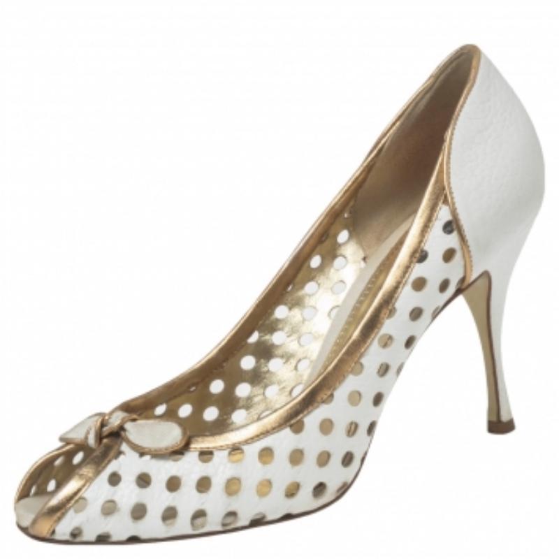 Dolce & Gabbana White/Gold Perforated Leather Bow Detail Peep Toe Pumps Size 41 For Sale 3