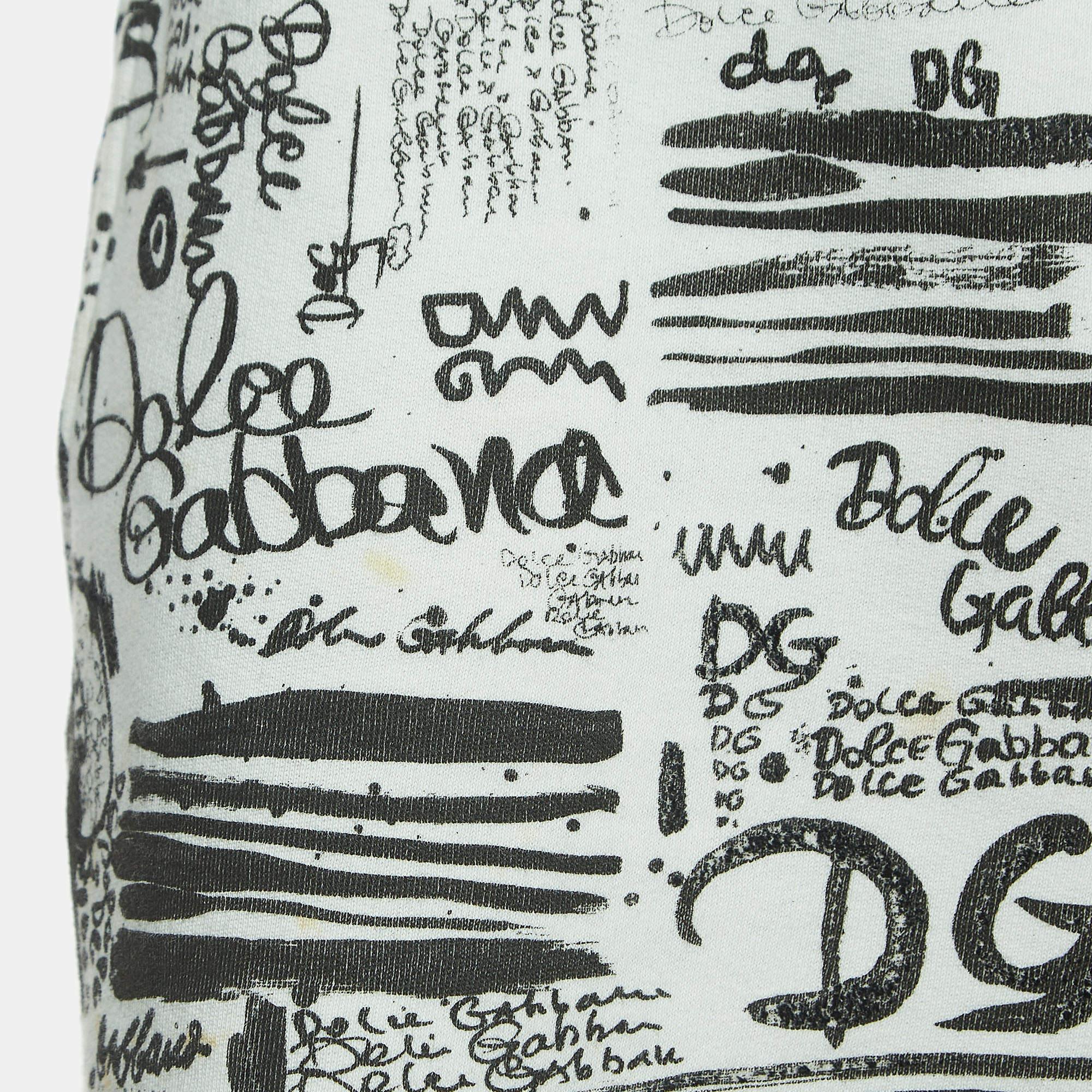 Dolce & Gabbana White Graffiti Print Cotton Drawstring Mini Skirt M For Sale 2