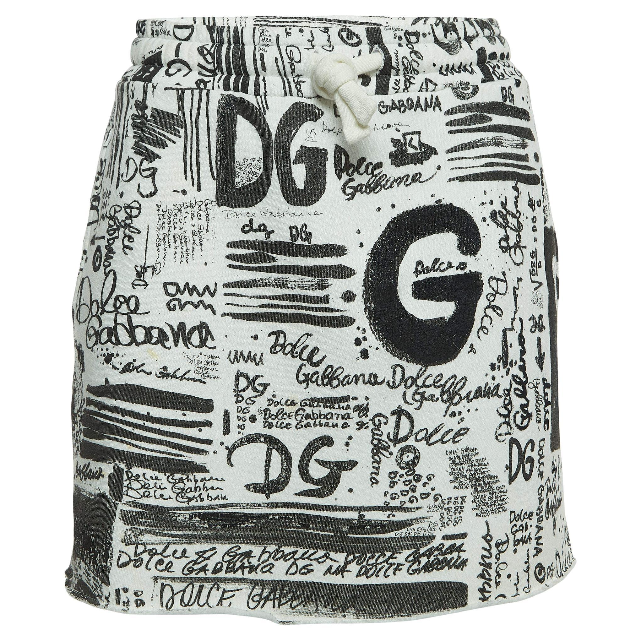 Dolce & Gabbana White Graffiti Print Cotton Drawstring Mini Skirt M For Sale