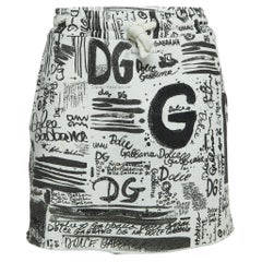 Dolce & Gabbana White Graffiti Print Cotton Drawstring Mini Skirt M